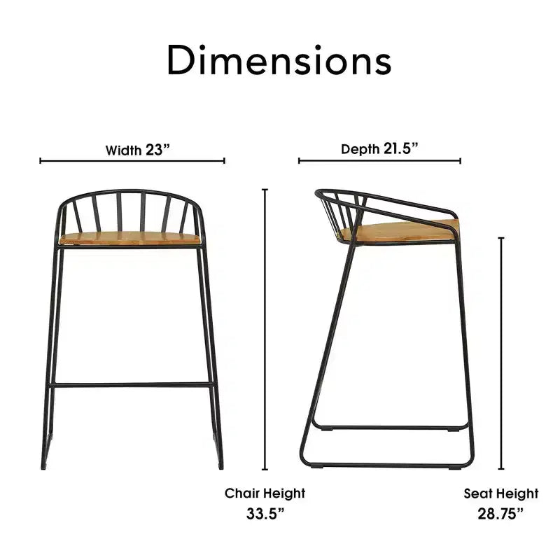 ClickDecor Set of 2 Bedford Barstools Black: 30" Fixed Height, Metal Frame, Footrest, Floor Protectors