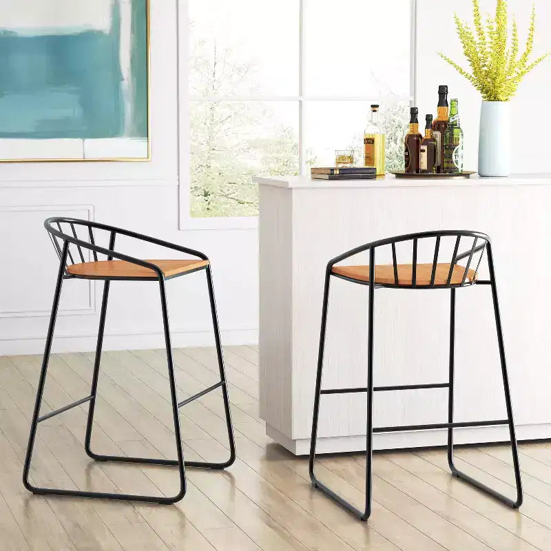 ClickDecor Set of 2 Bedford Barstools Black: 30" Fixed Height, Metal Frame, Footrest, Floor Protectors