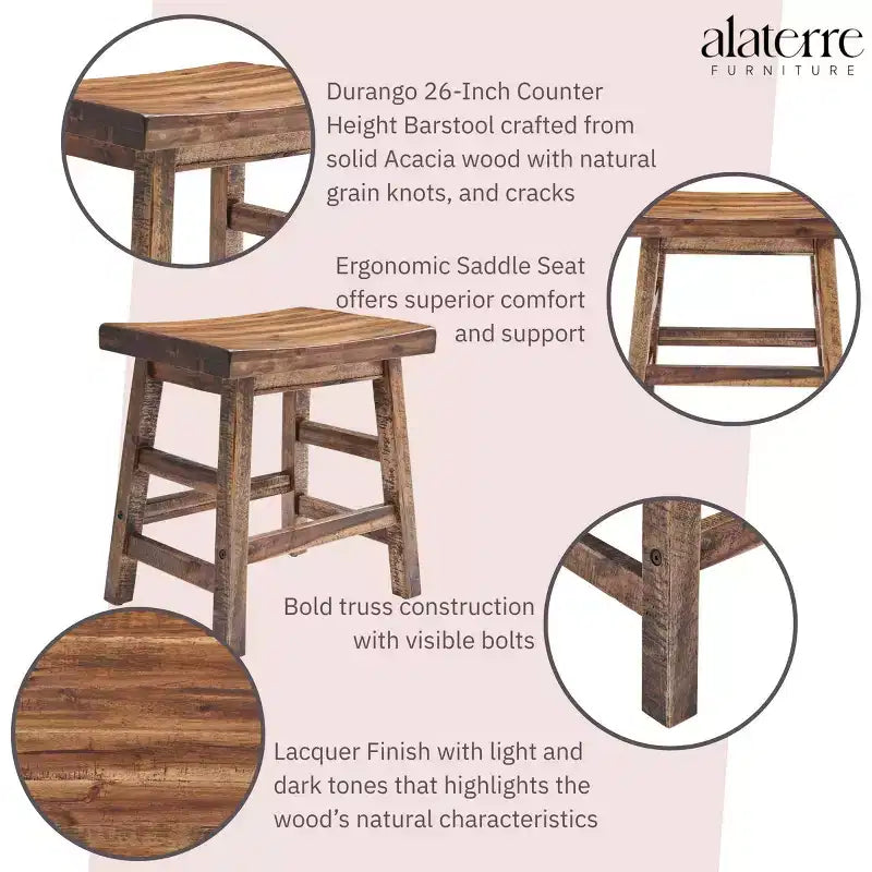 20" Durango Industrial Wood Counter Height Barstool Dark Brown - Alaterre Furniture: Rustic Acacia Frame