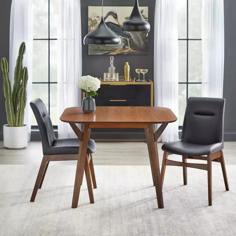 Buylateral Set of 2 Vance Mid Century Modern Vegan Leather Dining Chair Black: Mid Century, Vegan Leather, Rubberwood Base, Walnut Finish