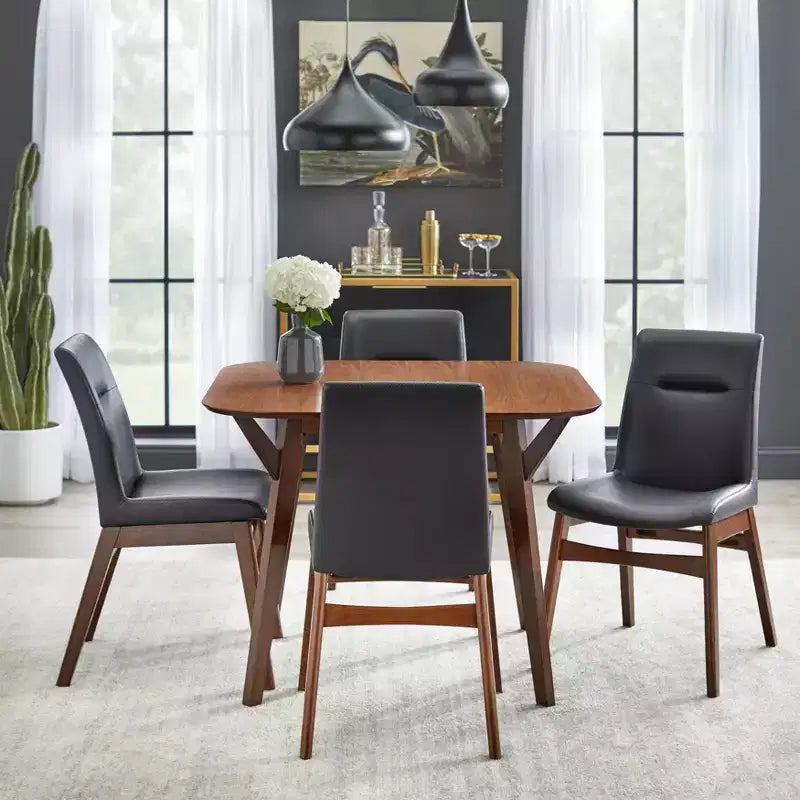 Buylateral Set of 2 Vance Mid Century Modern Vegan Leather Dining Chair Black: Mid Century, Vegan Leather, Rubberwood Base, Walnut Finish