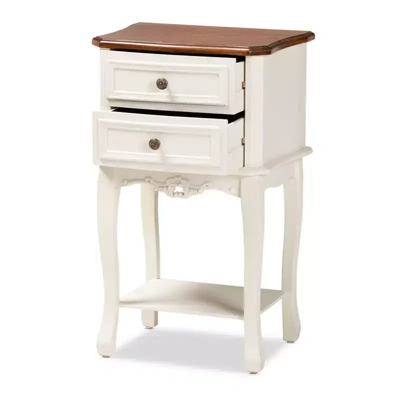 2 Drawer Darla Wood Nightstand White/Cherry Brown - Baxton Studio: Traditional Bedside Table with Anti-Tip Hardware