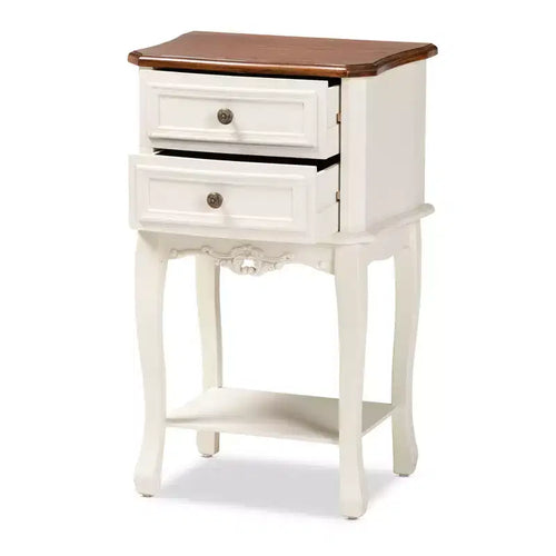 2 Drawer Darla Wood Nightstand White/Cherry Brown - Baxton Studio: Traditional Bedside Table with Anti-Tip Hardware