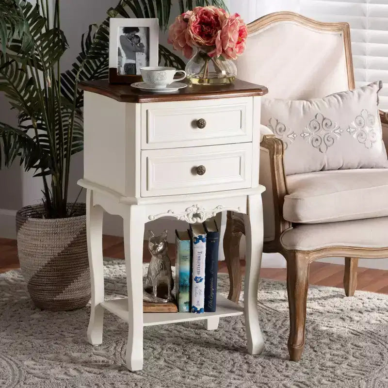 2 Drawer Darla Wood Nightstand White/Cherry Brown - Baxton Studio: Traditional Bedside Table with Anti-Tip Hardware