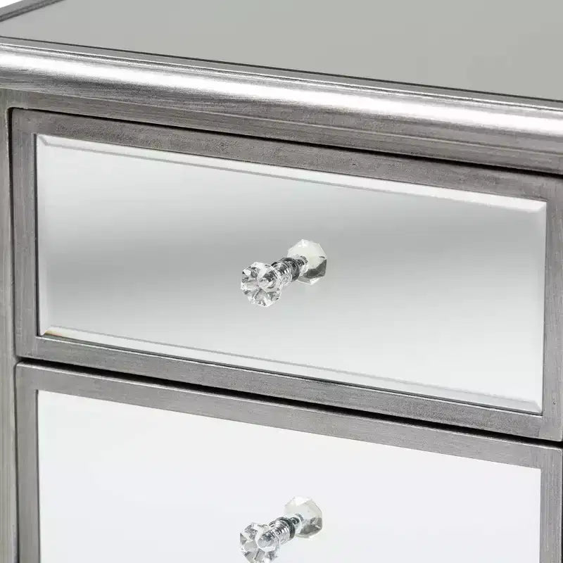 Baxton Studio Leonie Wood and Mirrored Glass 2 Drawer Nightstand Silver: Mid-Century Modern, Fir Wood Frame, No Assembly Required