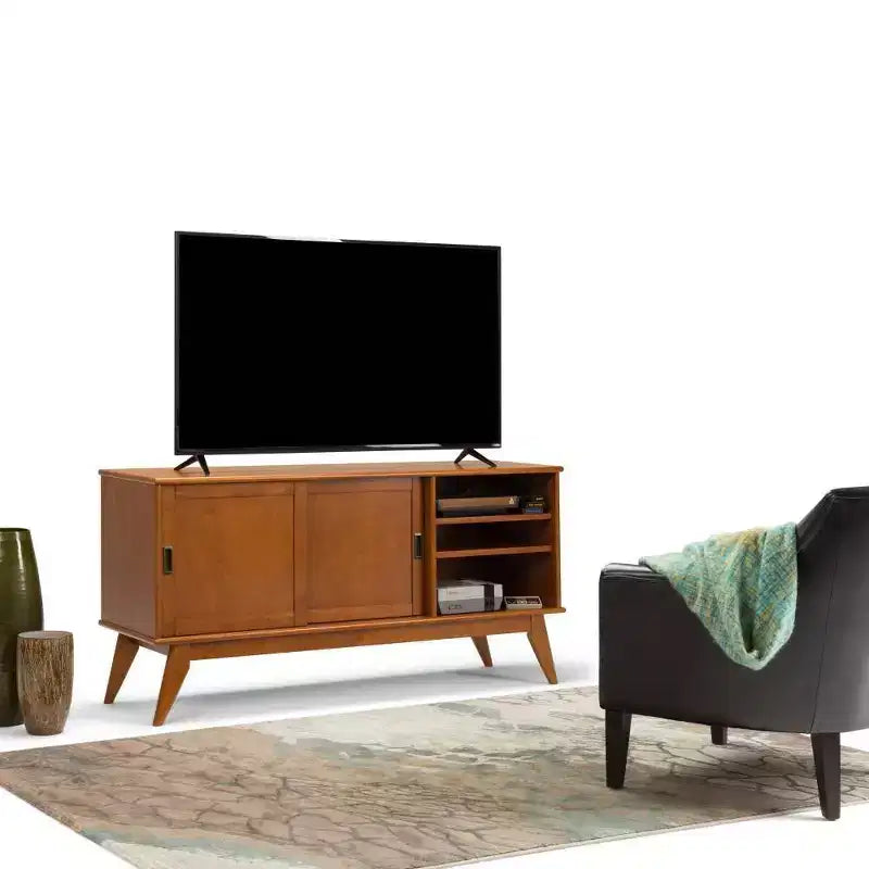 Tierney Solid Hardwood Mid Century Medium TV Stand for TVs up to 66" Dark Brown - WyndenHall: Media Console with Adjustable Shelves