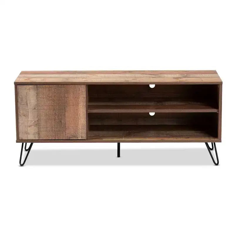 Iver 1 Door Wood TV Stand for TVs up to 50" Rustic Oak/Dark Brown - Baxton Studio: Hairpin Legs, Entertainment Storage