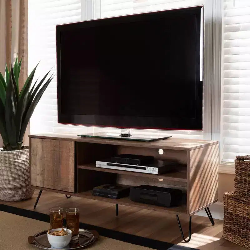 Iver 1 Door Wood TV Stand for TVs up to 50" Rustic Oak/Dark Brown - Baxton Studio: Hairpin Legs, Entertainment Storage