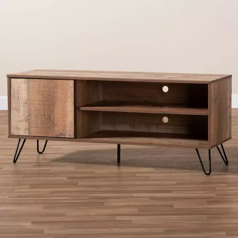 Iver 1 Door Wood TV Stand for TVs up to 50" Rustic Oak/Dark Brown - Baxton Studio: Hairpin Legs, Entertainment Storage