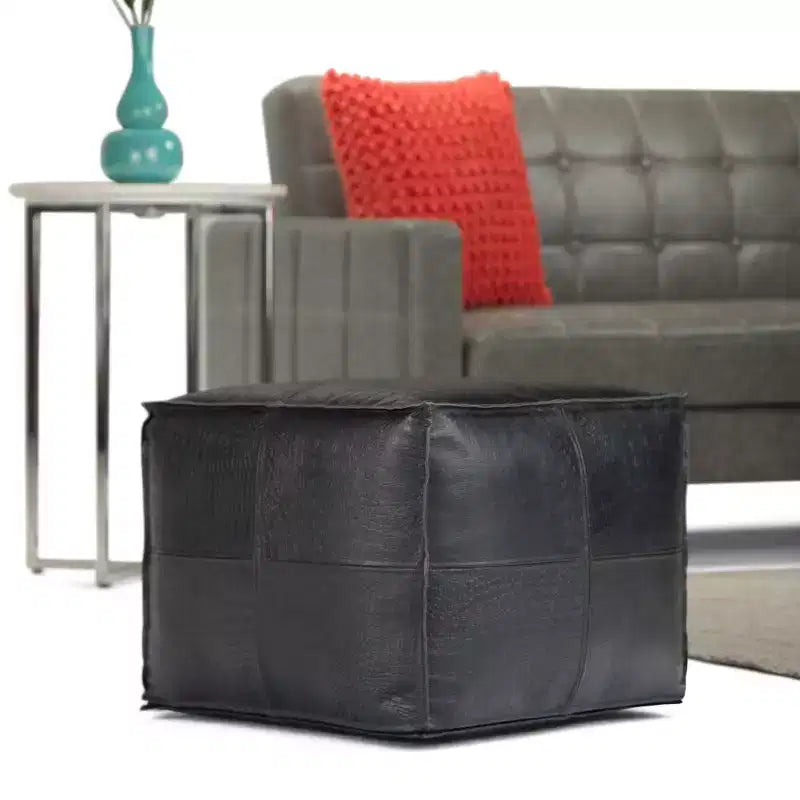 WyndenHall Dennie Square Pouf Black : Mid-Century Modern Leather Upholstered, No Assembly, 250lbs Capacity