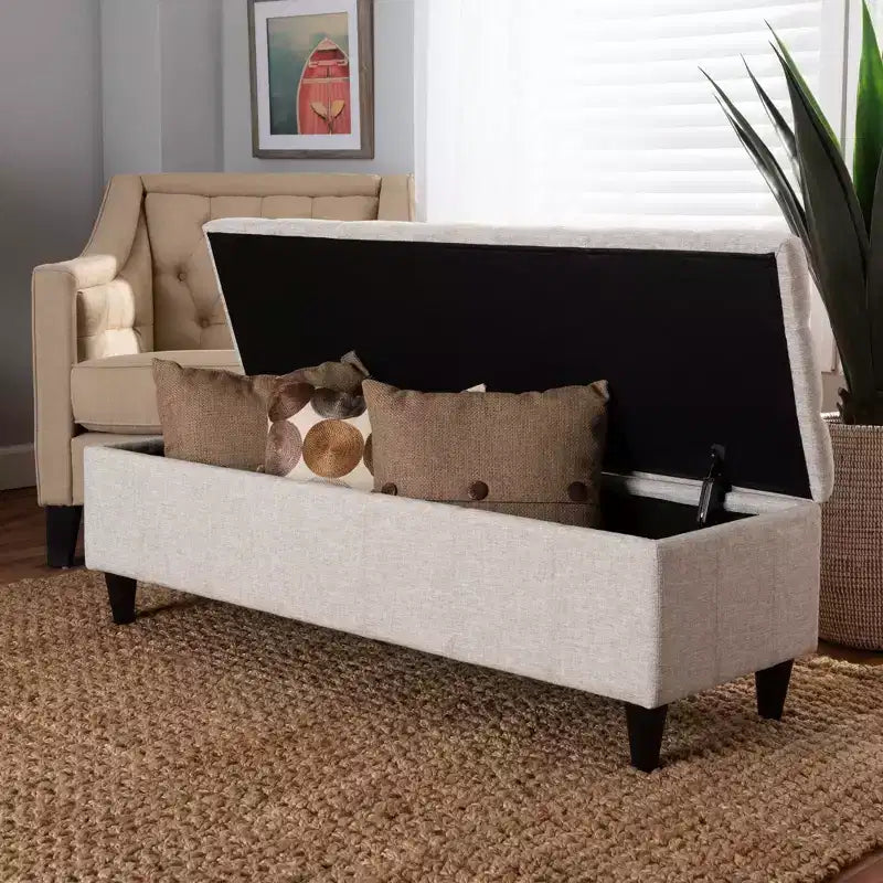Brette Fabric Upholstered Finished Wood Storage Bench Ottoman Cream - Baxton Studio: Mid-Century Modern, Tufted, Lift-Top