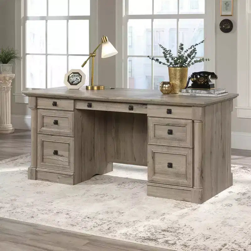 Sauder Palladia Executive Desk Split Oak : Home Office Furniture with Keyboard Tray, File Storage: Mid-Century Modern, Particle Board Frame