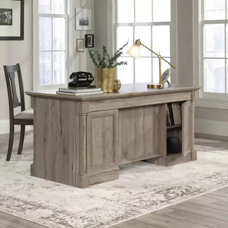 Sauder Palladia Executive Desk Split Oak : Home Office Furniture with Keyboard Tray, File Storage: Mid-Century Modern, Particle Board Frame