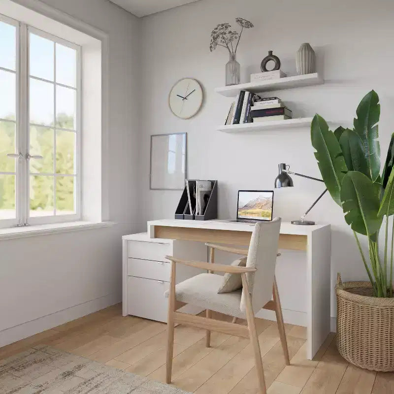 Nexera 2pc Chrono Home Office Set with File Cabinet White/Natural Maple: Laminated Melamine, Wood Composite Desk & Storage