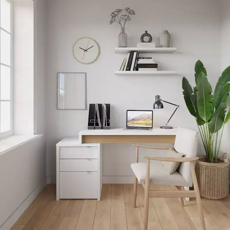 Nexera 2pc Chrono Home Office Set with File Cabinet White/Natural Maple: Laminated Melamine, Wood Composite Desk & Storage