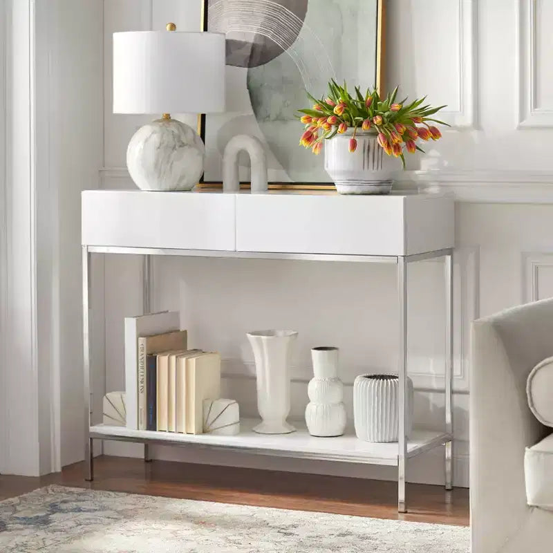 Buylateral Lewis Modern Sofa Table White: High Gloss Finish, Metal Frame, Entryway Storage