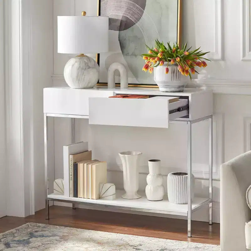 Buylateral Lewis Modern Sofa Table White: High Gloss Finish, Metal Frame, Entryway Storage