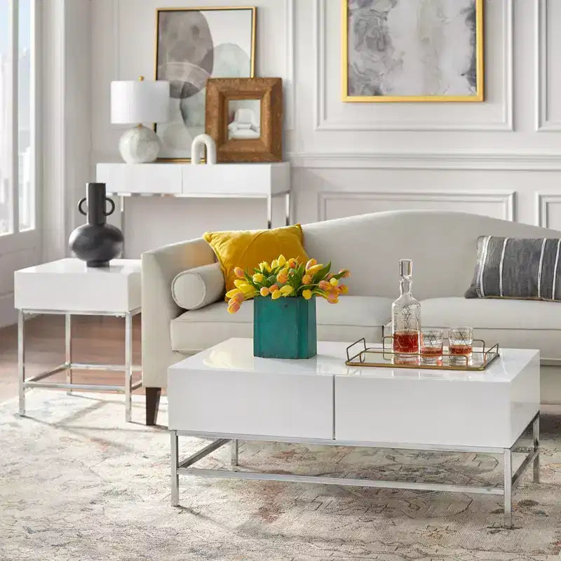 Buylateral Lewis Modern Sofa Table White: High Gloss Finish, Metal Frame, Entryway Storage