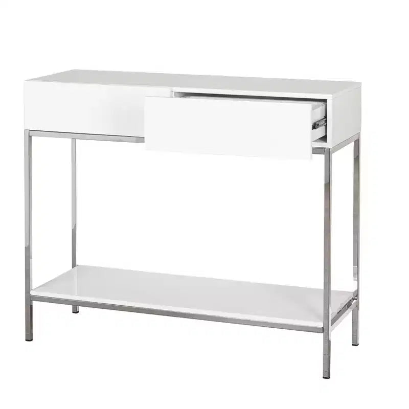 Buylateral Lewis Modern Sofa Table White: High Gloss Finish, Metal Frame, Entryway Storage