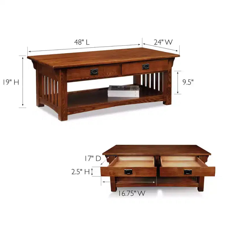 Mission Coffee Table With Drawers And Shelf - Medium Oak - Leick Home