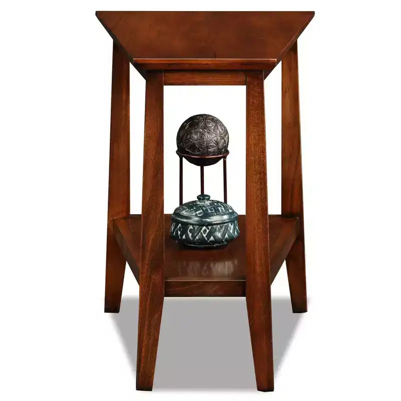 Delton Triangle Solid Wood End Table: Sienna Finish, Tapered Legs, Fixed Shelf - Leick Home
