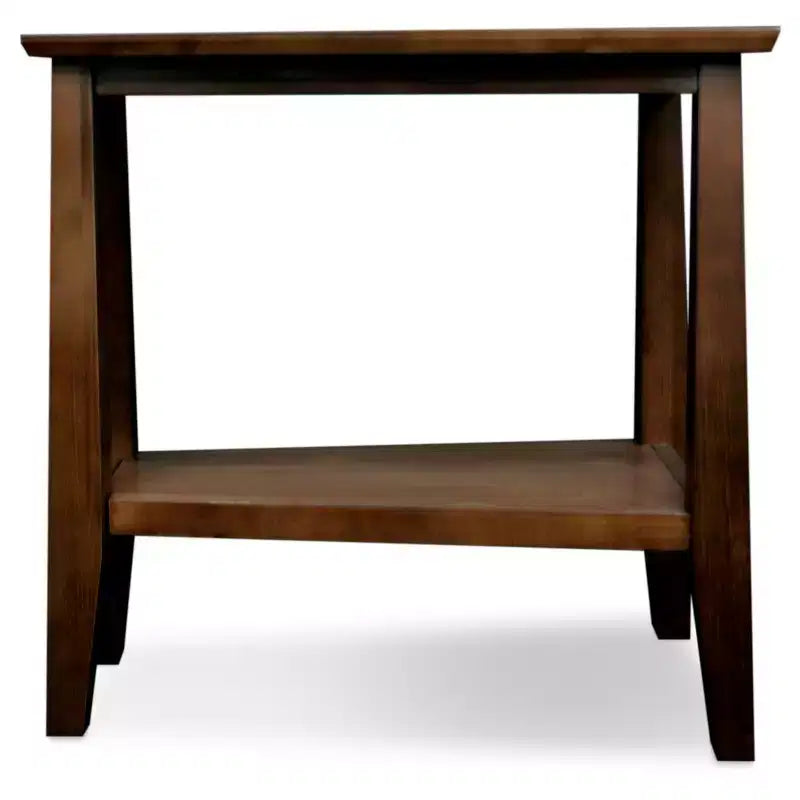 Delton Triangle Solid Wood End Table: Sienna Finish, Tapered Legs, Fixed Shelf - Leick Home