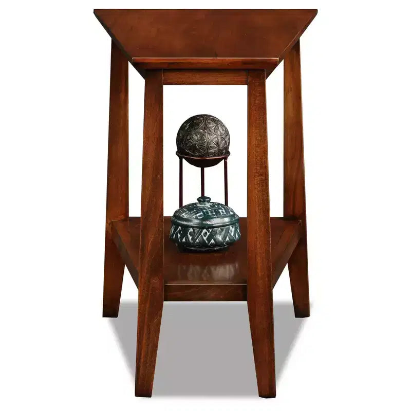 Delton Triangle Solid Wood End Table: Sienna Finish, Tapered Legs, Fixed Shelf - Leick Home