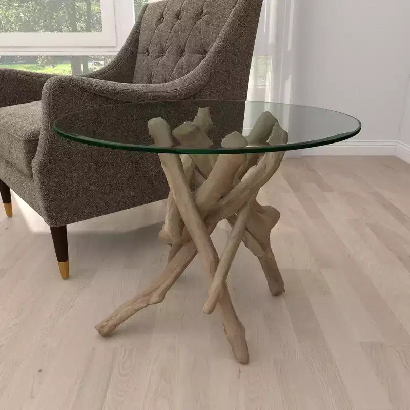 Log and Glass Round Accent Table Tan - Olivia & May: Handmade, No Assembly, Indoor Use