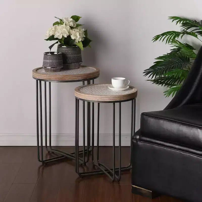 Set of 2 Ryder Round Nested Side Tables Tan/Black - StyleCraft