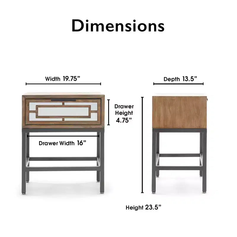 Hayworth Mirrored Side Table Gray - Finch: Modern Rectangle No Assembly, Metal Frame, Wood Top