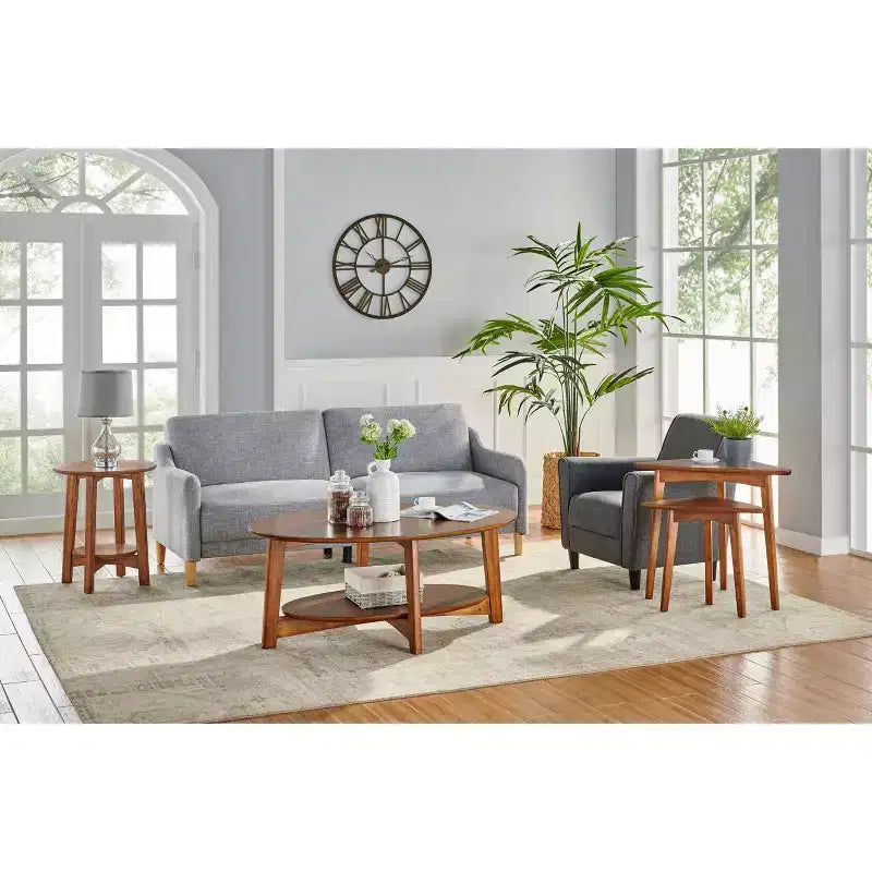 Monterey Oval Mid Century Modern Wood Coffee Table Chestnut: Tapered Legs, Floating Shelf - Alaterre Furniture