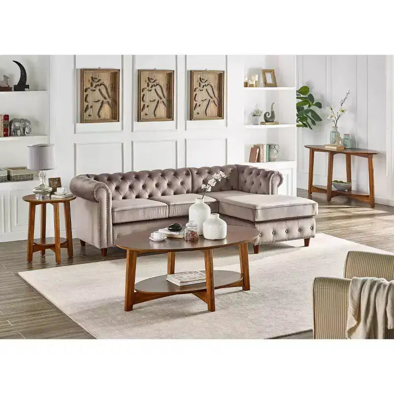 Monterey Oval Mid Century Modern Wood Coffee Table Chestnut: Tapered Legs, Floating Shelf - Alaterre Furniture