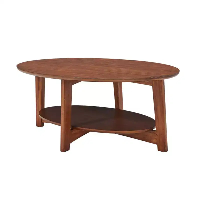 Monterey Oval Mid Century Modern Wood Coffee Table Chestnut: Tapered Legs, Floating Shelf - Alaterre Furniture