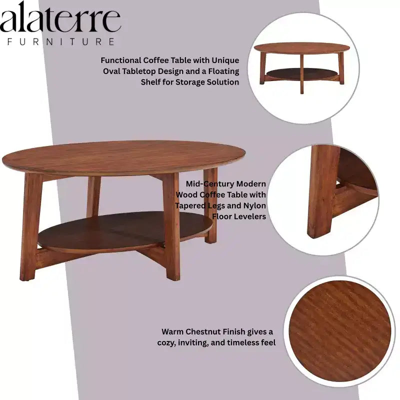 Monterey Oval Mid Century Modern Wood Coffee Table Chestnut: Tapered Legs, Floating Shelf - Alaterre Furniture