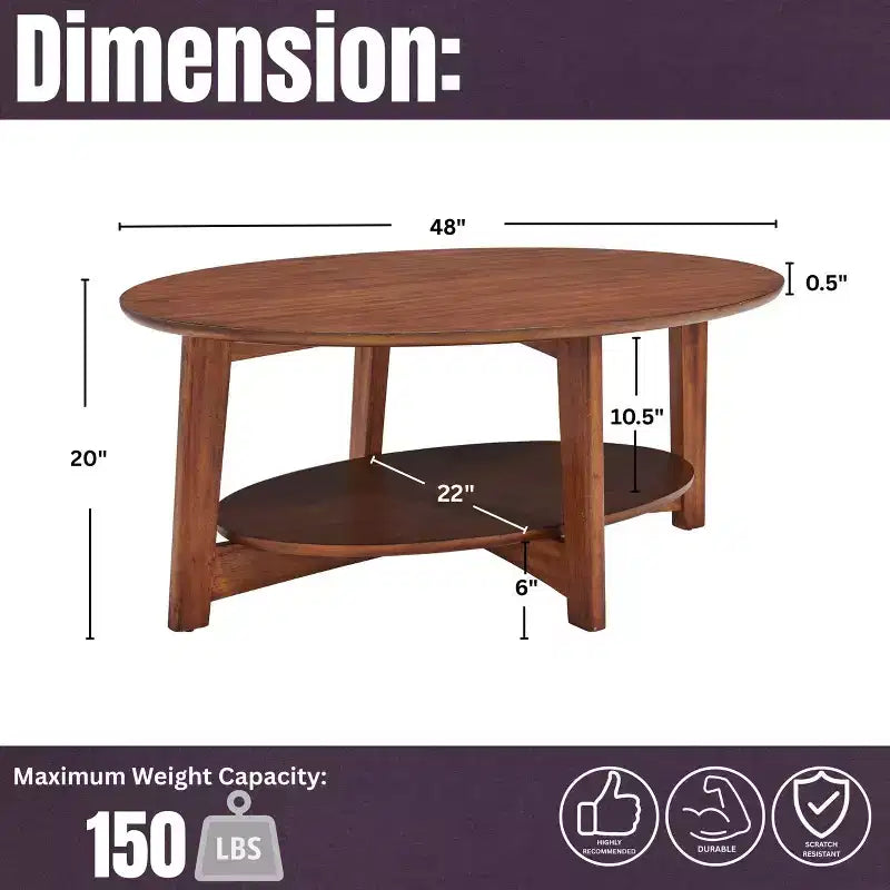 Monterey Oval Mid Century Modern Wood Coffee Table Chestnut: Tapered Legs, Floating Shelf - Alaterre Furniture