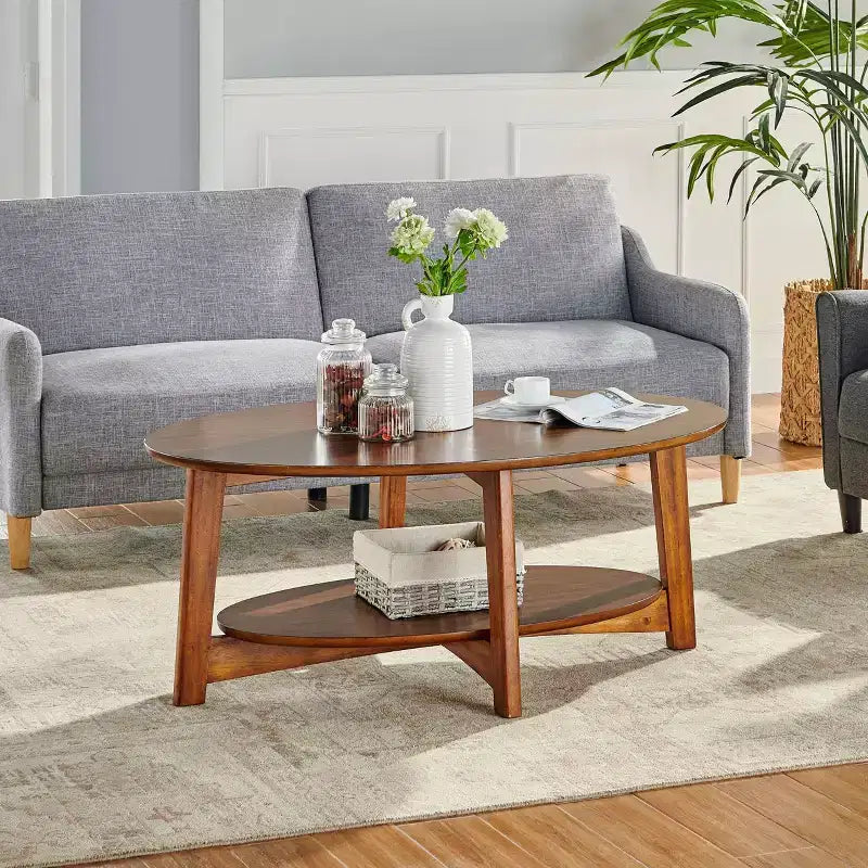 Monterey Oval Mid Century Modern Wood Coffee Table Chestnut: Tapered Legs, Floating Shelf - Alaterre Furniture