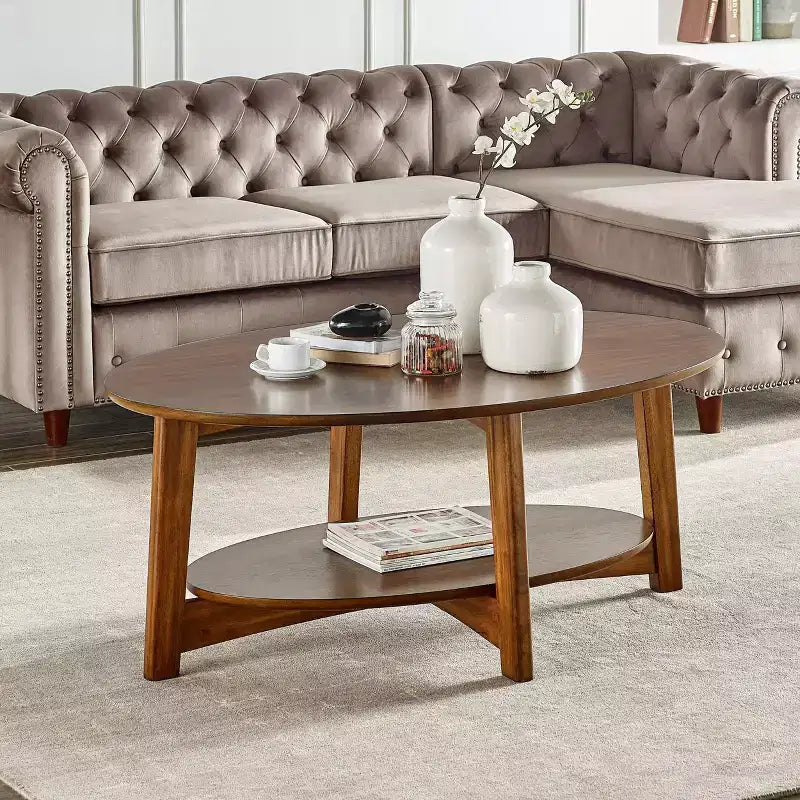 Monterey Oval Mid Century Modern Wood Coffee Table Chestnut: Tapered Legs, Floating Shelf - Alaterre Furniture