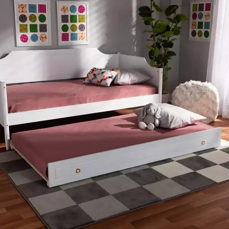 Baxton Studio Twin Alya Wood Trundle White/Gold: Rubberwood & MDF Frame, No Box Spring Needed