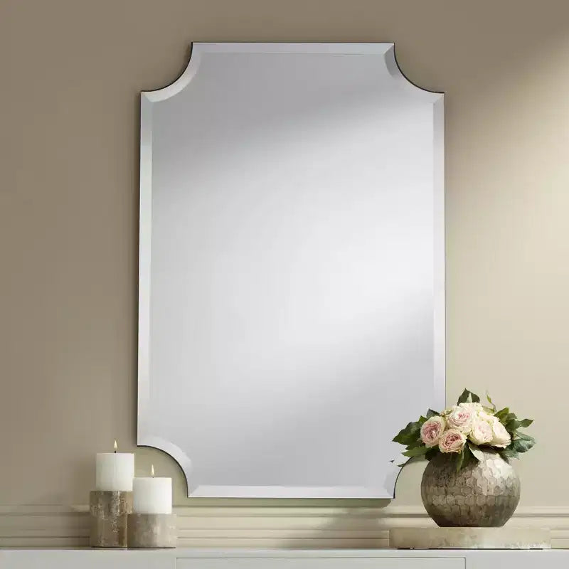 Noble Park Brix Rectangular Cut Corners Vanity Wall Mirror Beveled Edge Frameless 24 Wide for Bathroom Bedroom Living Room Home Office Entryway House