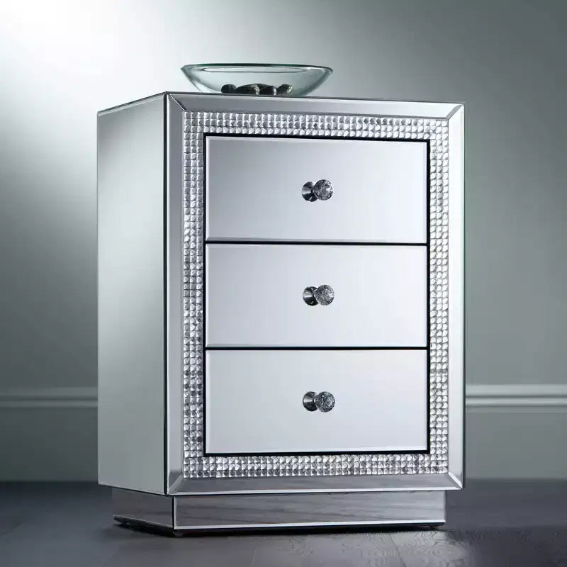Studio 55D Biscaya Modern Mirrored Rectangular Accent Side End Table 19 x 13 3/4 with 3-Drawer Silver Crystal for Living Room Bedroom Bedside House