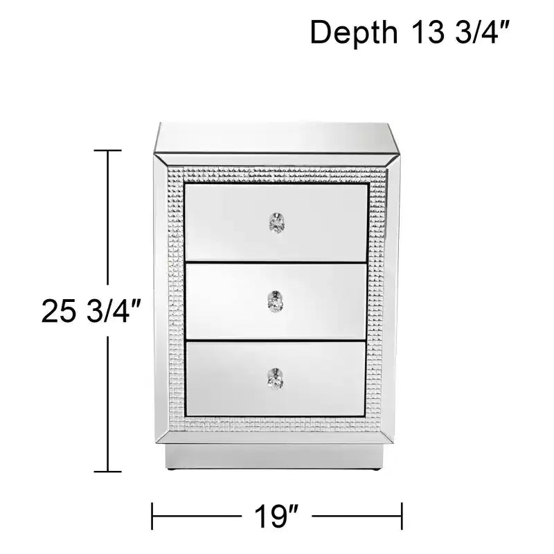 Studio 55D Biscaya Modern Mirrored Rectangular Accent Side End Table 19 x 13 3/4 with 3-Drawer Silver Crystal for Living Room Bedroom Bedside House