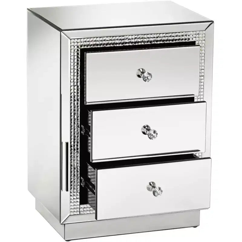 Studio 55D Biscaya Modern Mirrored Rectangular Accent Side End Table 19 x 13 3/4 with 3-Drawer Silver Crystal for Living Room Bedroom Bedside House