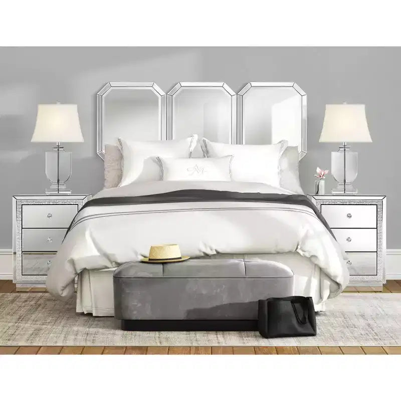 Studio 55D Biscaya Modern Mirrored Rectangular Accent Side End Table 19 x 13 3/4 with 3-Drawer Silver Crystal for Living Room Bedroom Bedside House