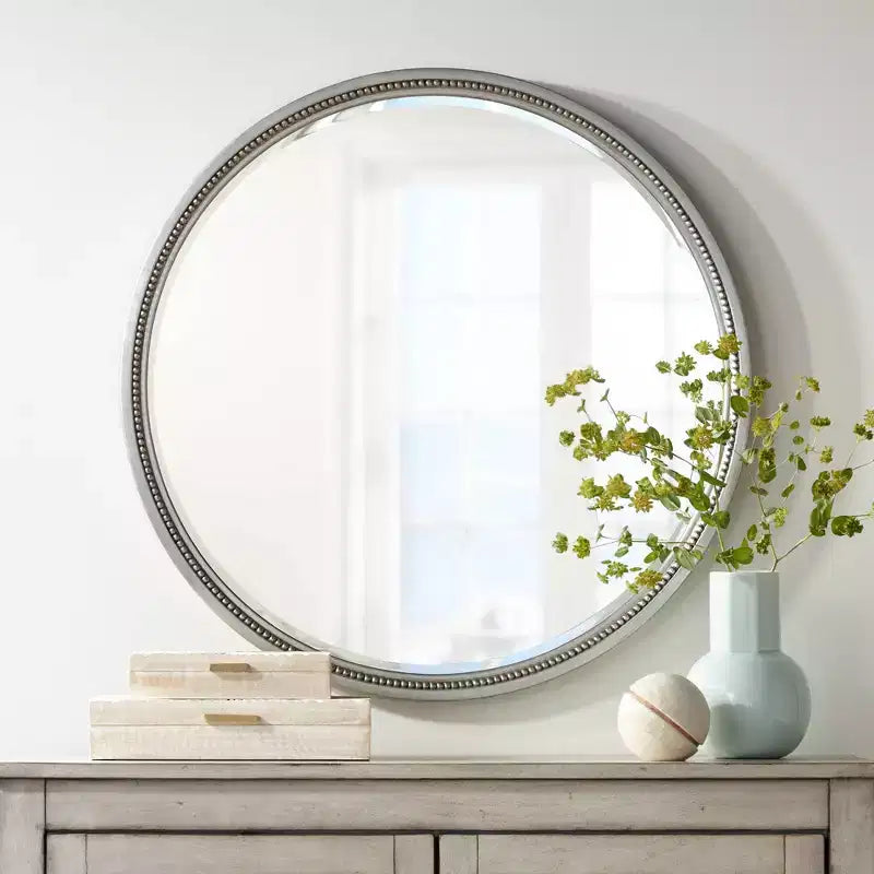 Noble Park Lorraine Round Vanity Decorative Wall Mirror Modern Beveled Beaded Trim Silver Wood Frame 32 3/4 Wide for Bathroom Bedroom Living Room