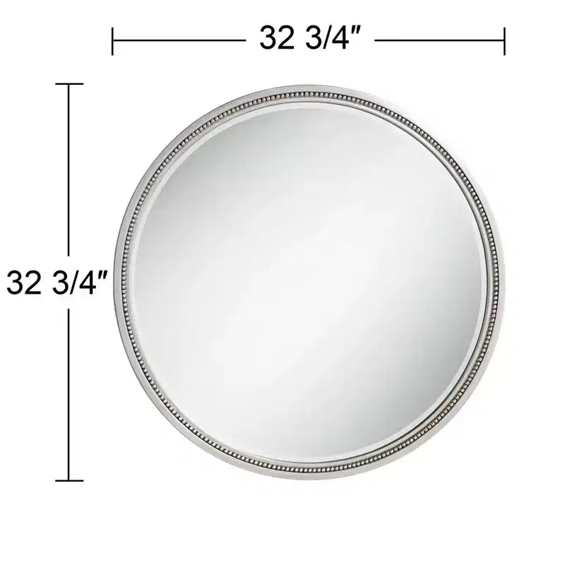 Noble Park Lorraine Round Vanity Decorative Wall Mirror Modern Beveled Beaded Trim Silver Wood Frame 32 3/4 Wide for Bathroom Bedroom Living Room
