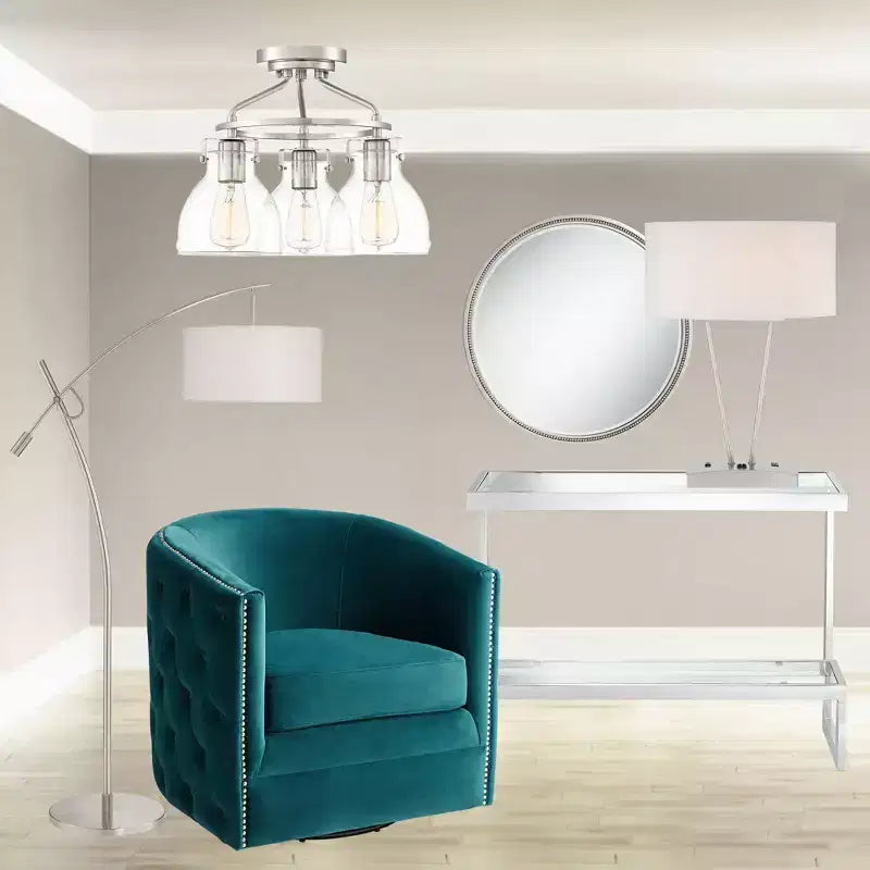 Noble Park Lorraine Round Vanity Decorative Wall Mirror Modern Beveled Beaded Trim Silver Wood Frame 32 3/4 Wide for Bathroom Bedroom Living Room